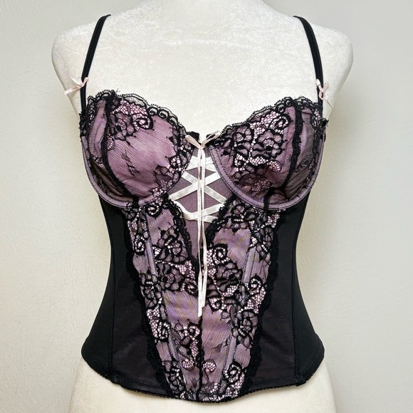 Vintage Tops - Mesh Lace Bow Corset with Underwire Bra